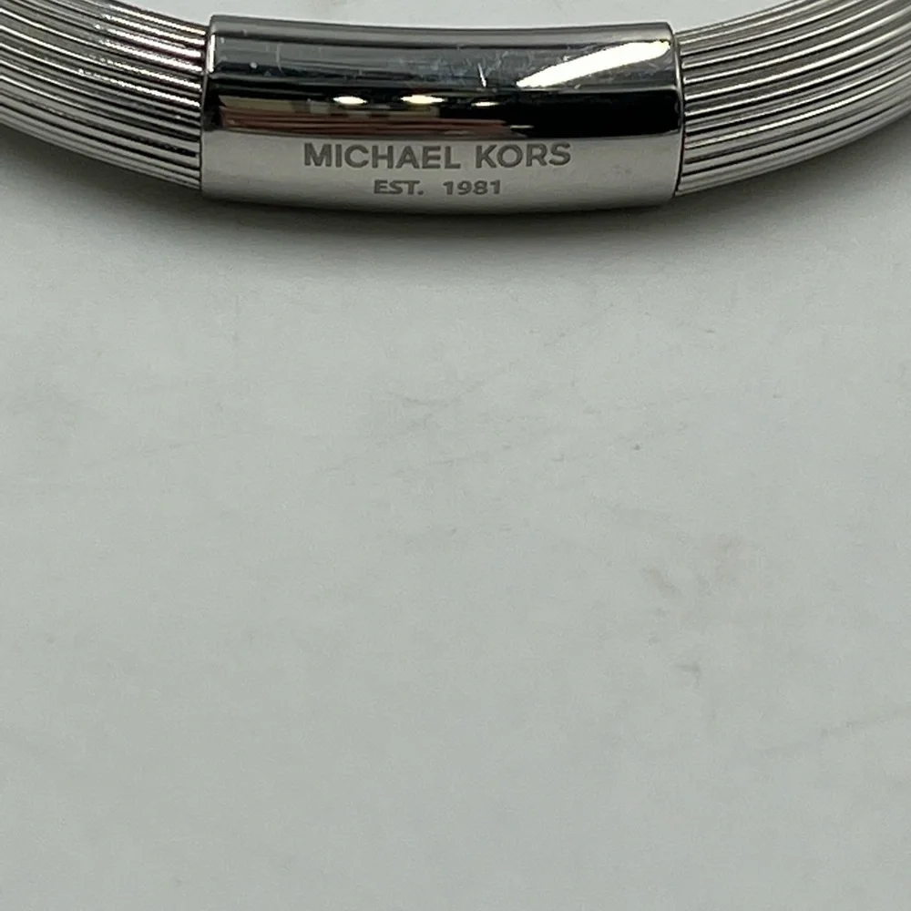 Michael Kors MK6190040‎ Solid Stainless Steel Ribbed Logo Plaque Bracelet